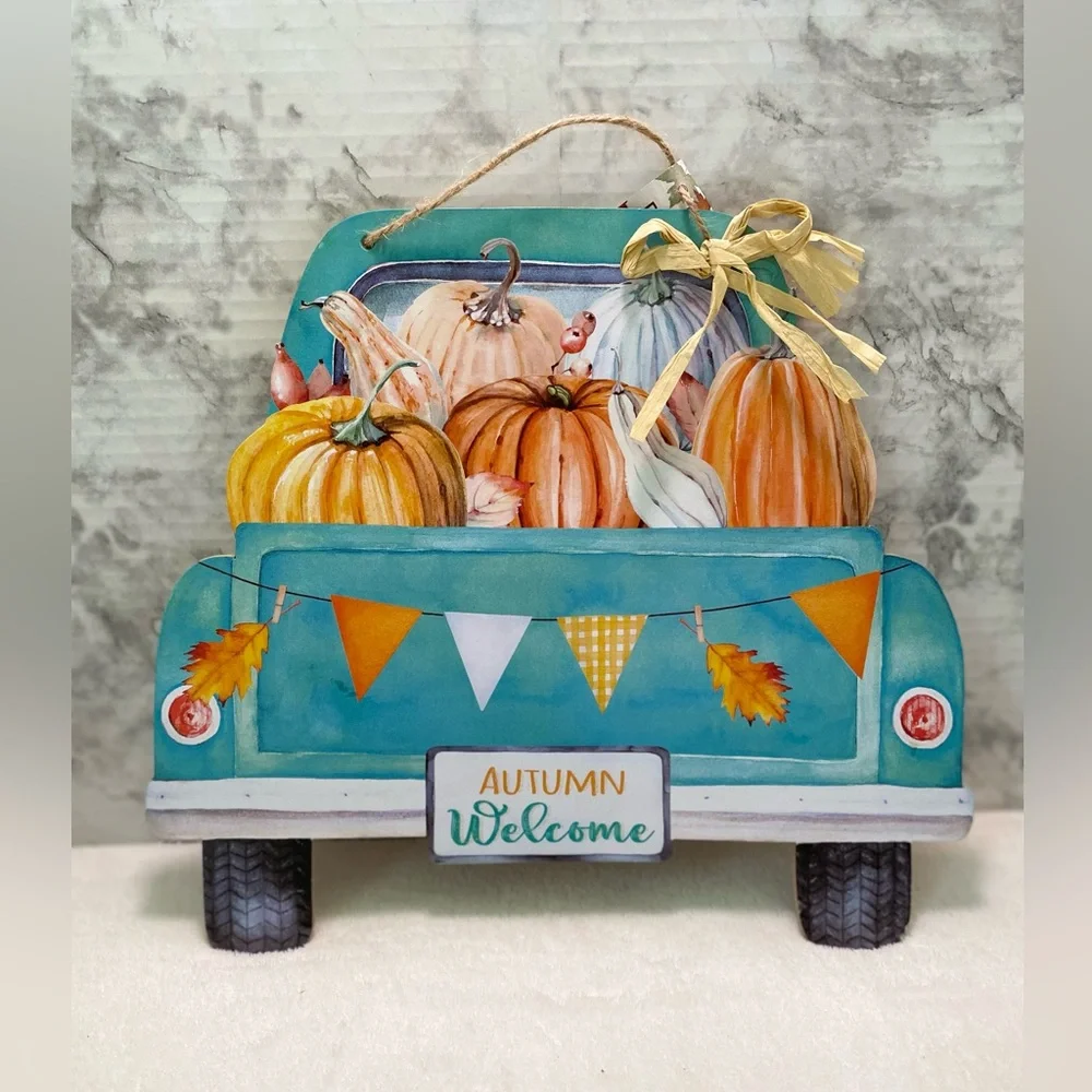 NWT Welcome Autumn Classic Blue Truck with Pumpkins Wall Door Sign